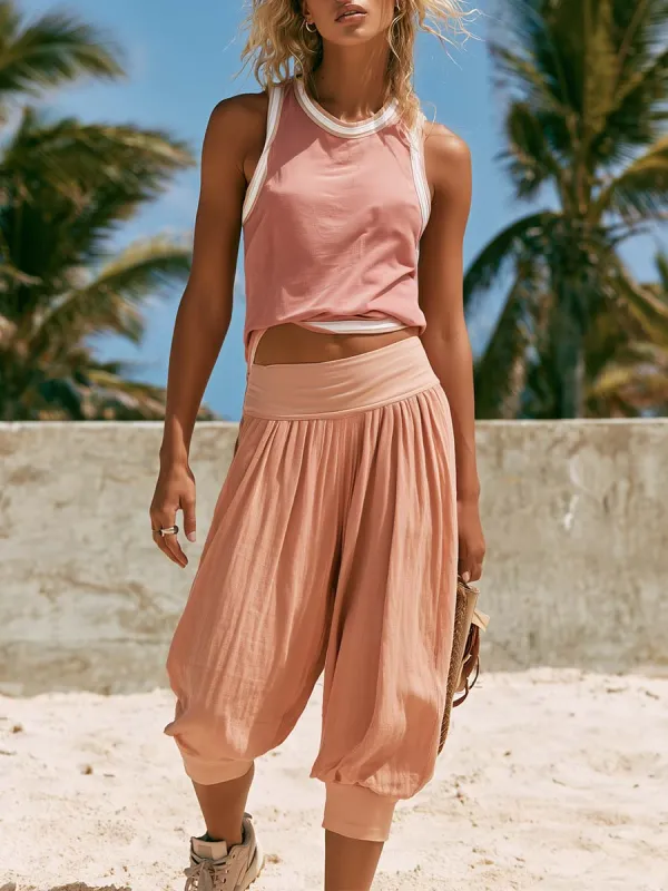 Casual Fashion Pink Cotton Crew-neck Top And Cotton-linen Lantern Pant Set made by Oyrosy