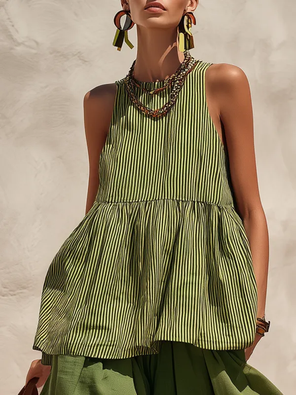 Retro Vacation Striped Cotton And Linen Tank Top made by Oyrosy