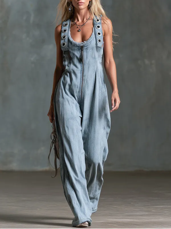 Chic Retro Metal Eyelet Shoulder Straps Light Blue Denim Jumpsuit made by Oyrosy
