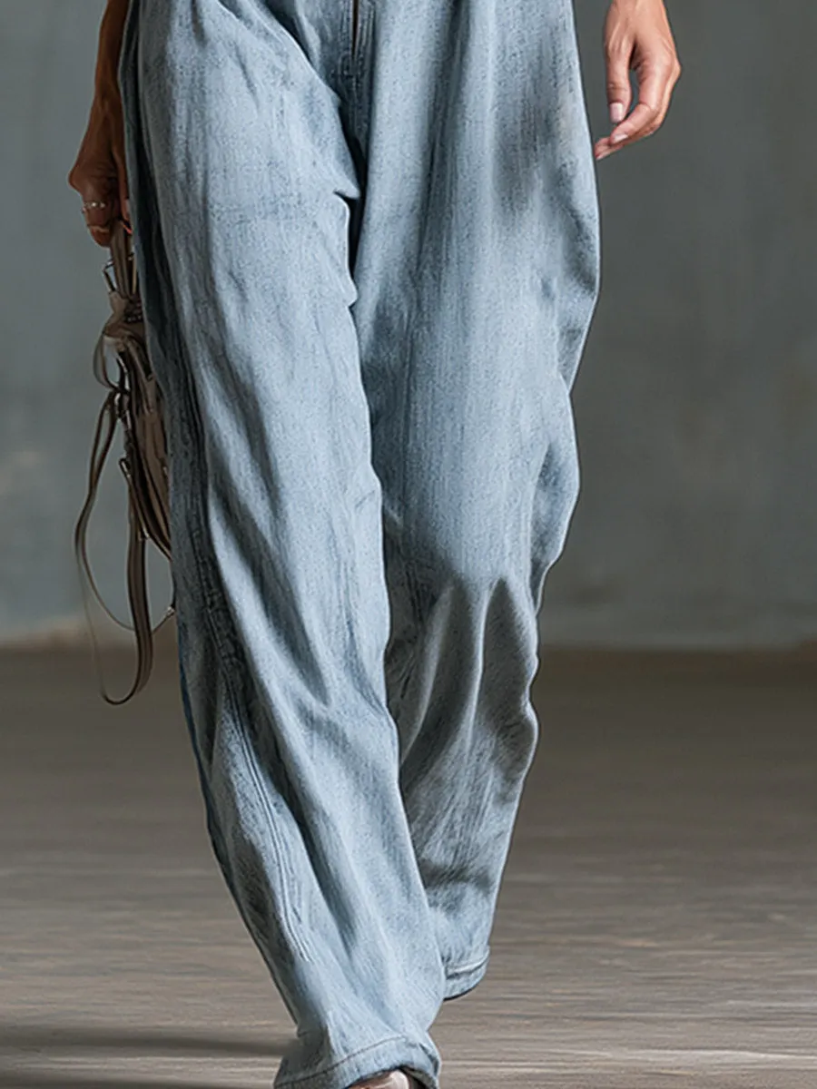 Chic Retro Metal Eyelet Shoulder Straps Light Blue Denim Jumpsuit sold by Oyrosy product image thumbnail 4