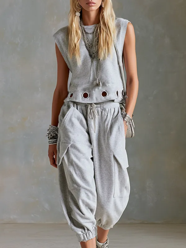 Casual Sporty Style Metal Eyelets Grey-White Tank Top & Cropped Pants Cotton Set made by Oyrosy