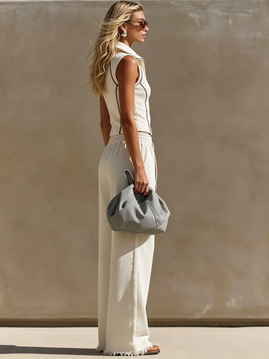Sporty Retro Off-White Cotton Half-Zip Top And Frayed Pants Set sold by Oyrosy product image thumbnail 3