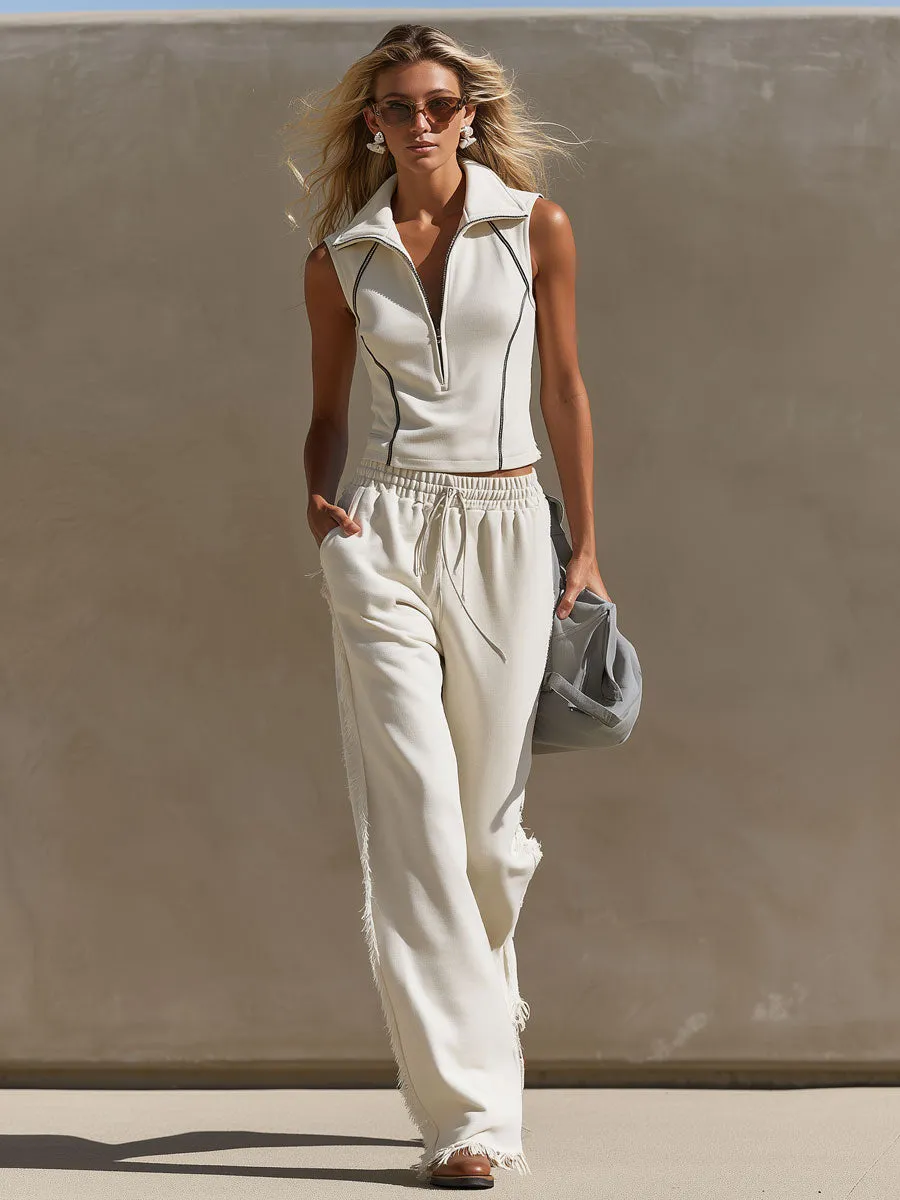 Sporty Retro Off-White Cotton Half-Zip Top And Frayed Pants Set sold by Oyrosy product image thumbnail 2