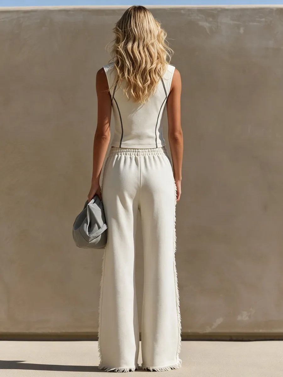 Sporty Retro Off-White Cotton Half-Zip Top And Frayed Pants Set sold by Oyrosy product image thumbnail 4