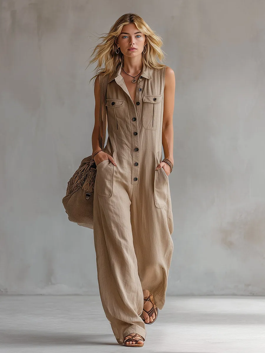 Vintage-style Casual Khaki Cotton Utility-style Sleeveless Jumpsuit sold by Oyrosy product image thumbnail 2