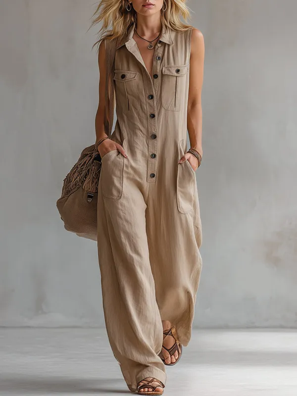 Vintage-style Casual Khaki Cotton Utility-style Sleeveless Jumpsuit made by Oyrosy