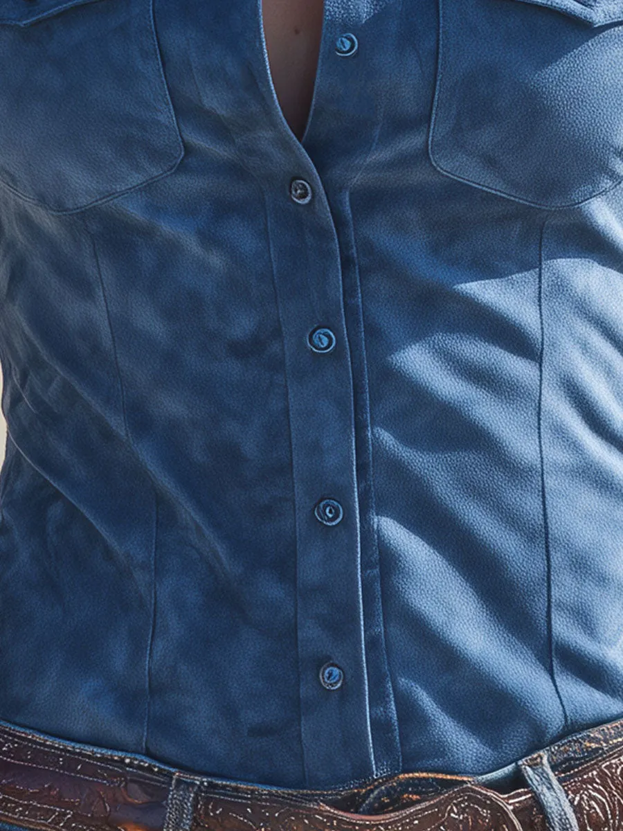 Western-style Retro Embroidered Blue Long-sleeved Faux Suede Shirt sold by Oyrosy product image thumbnail 4