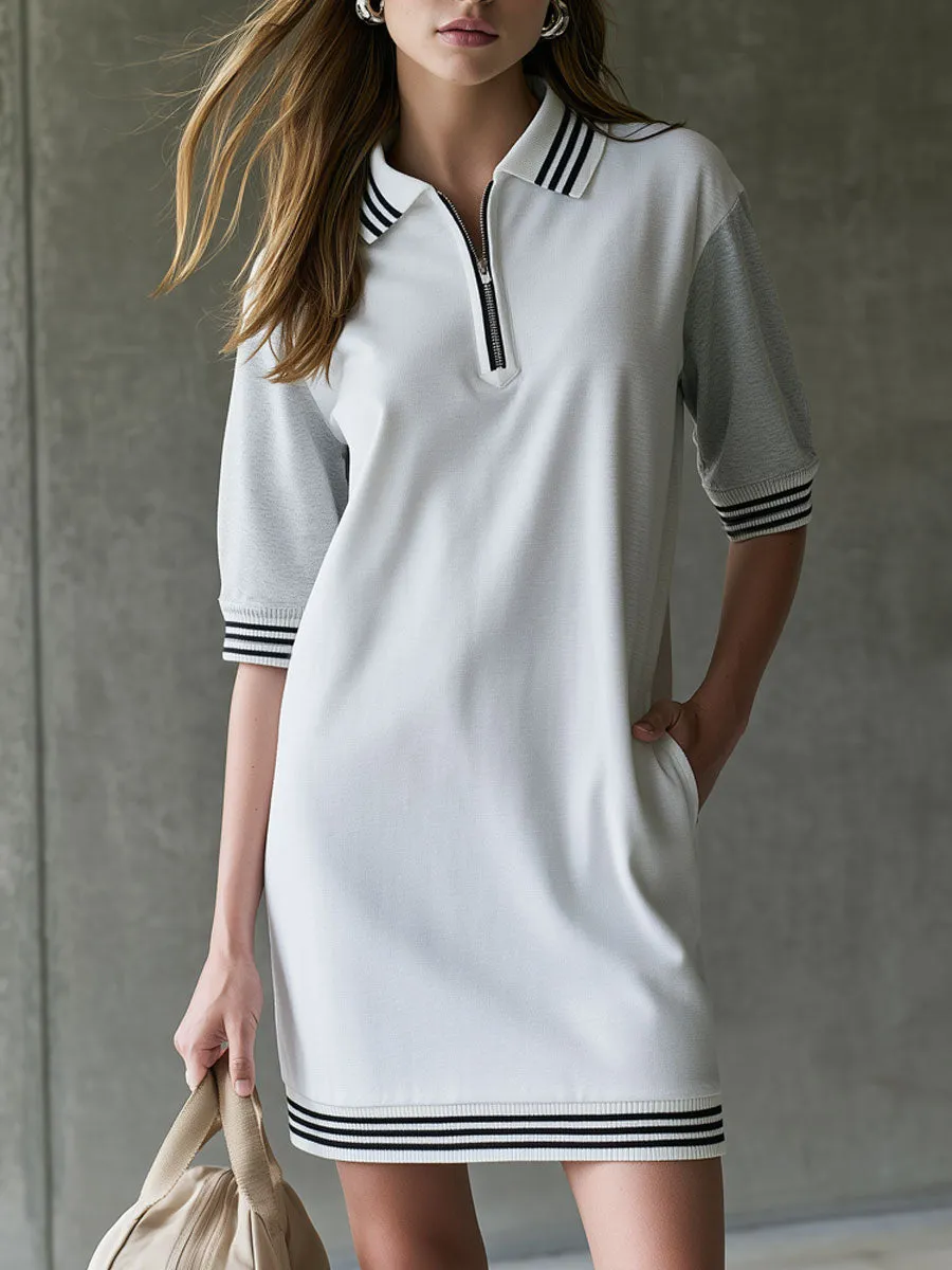 Casual Sporty Retro Striped Gray And White Color-blocked Mid-sleeve Mini Dress sold by Oyrosy