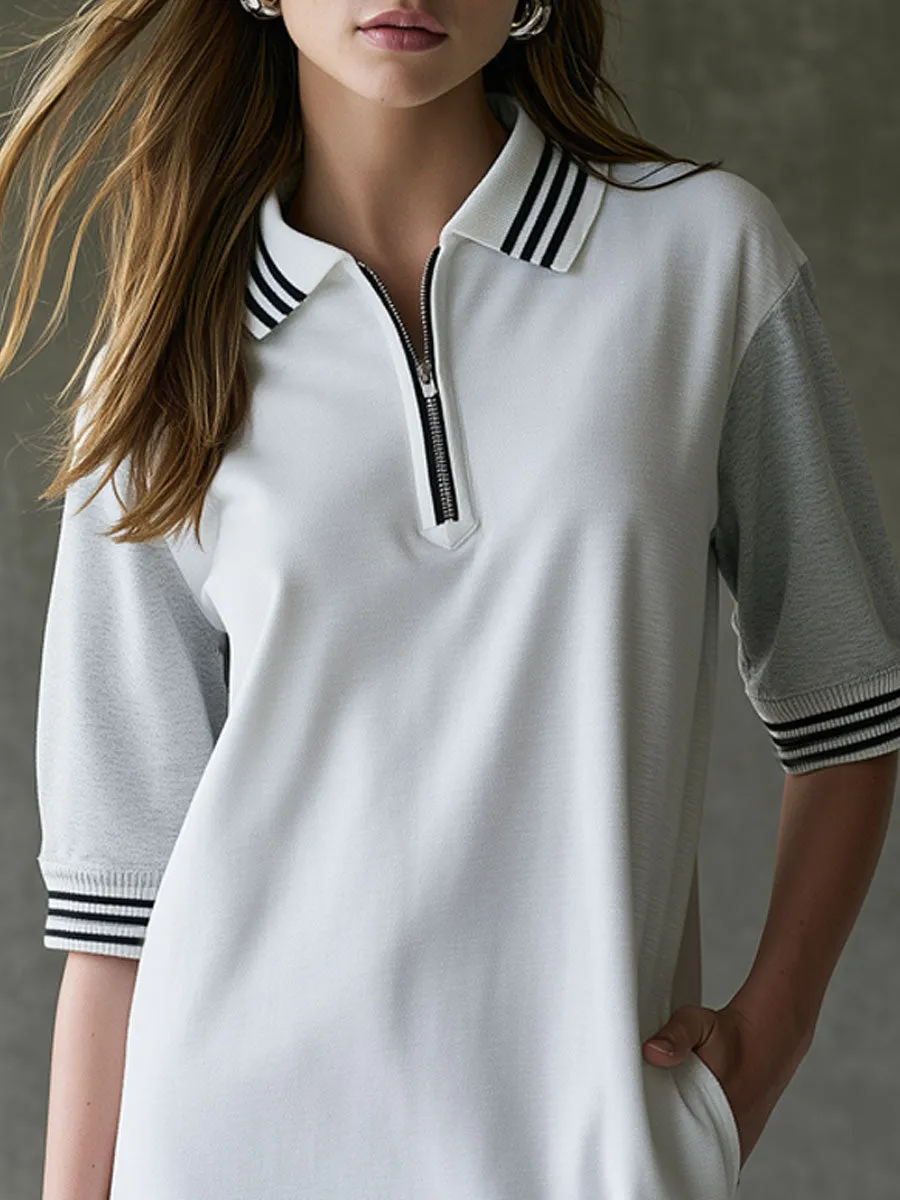 Casual Sporty Retro Striped Gray And White Color-blocked Mid-sleeve Mini Dress sold by Oyrosy product image thumbnail 5