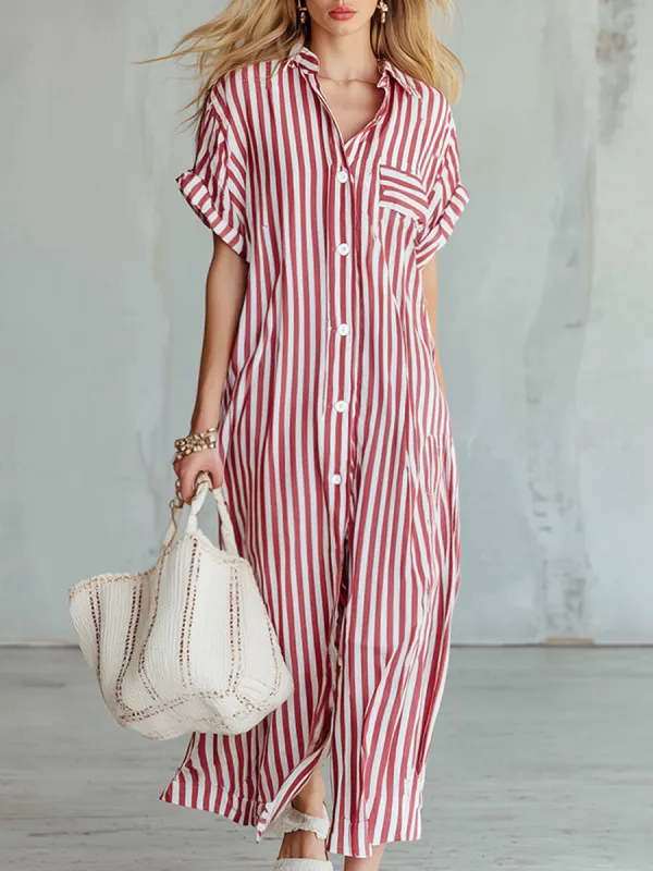 Vintage-style Casual Red Striped Short-sleeve Maxi Dress made by Oyrosy