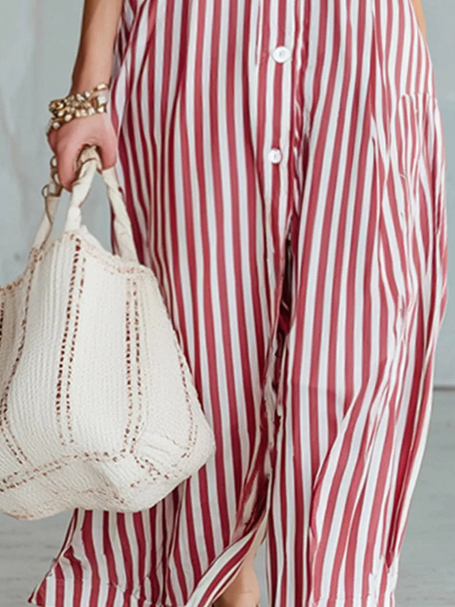 Vintage-style Casual Red Striped Short-sleeve Maxi Dress sold by Oyrosy product image thumbnail 4