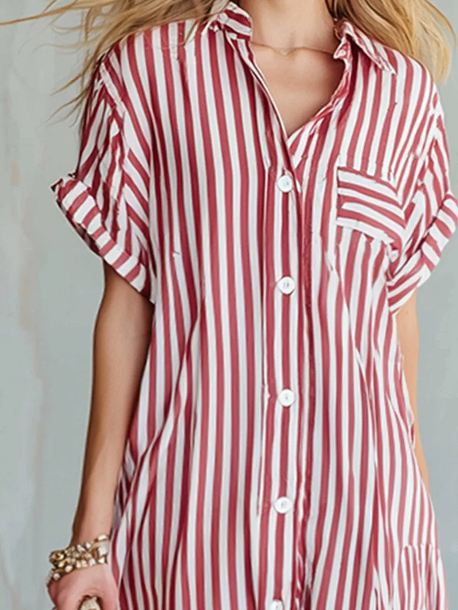 Vintage-style Casual Red Striped Short-sleeve Maxi Dress sold by Oyrosy product image thumbnail 3