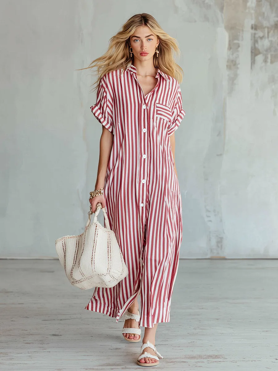 Vintage-style Casual Red Striped Short-sleeve Maxi Dress sold by Oyrosy product image thumbnail 2