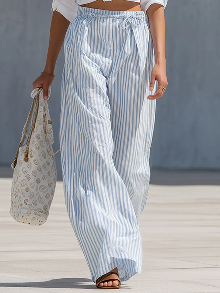 Elegant And Versatile White Shirt And Blue Striped Wide-leg Trousers Cotton-linen Set sold by Oyrosy product image thumbnail 4