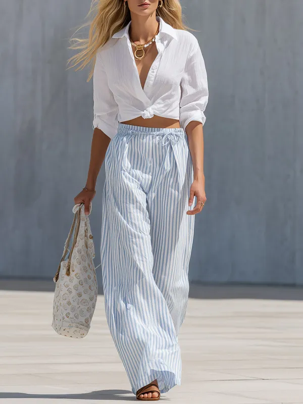 Elegant And Versatile White Shirt And Blue Striped Wide-leg Trousers Cotton-linen Set made by Oyrosy