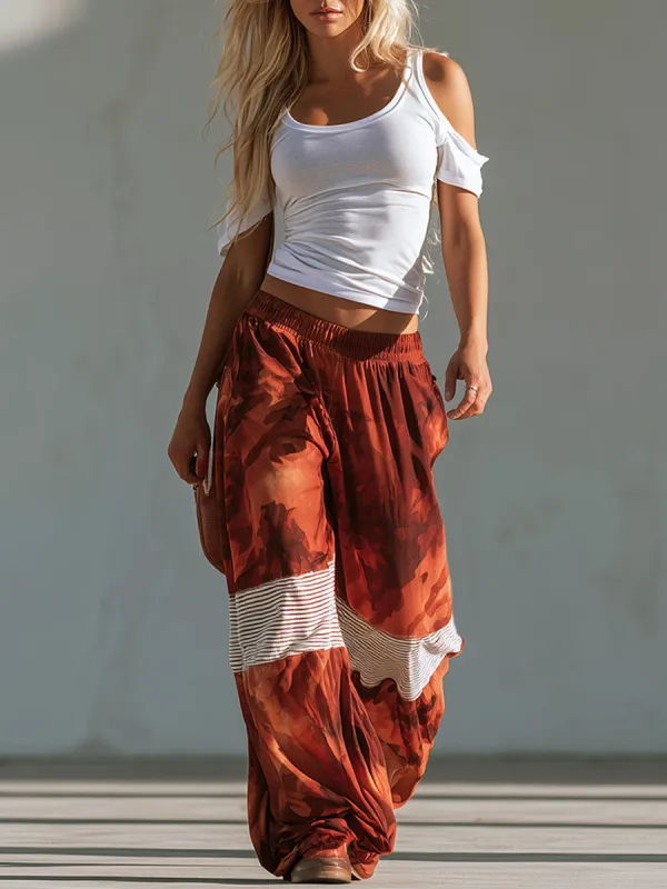 Chic Sporty Style White Off-the-shoulder T-shirt And Red Camouflage Wide-leg Pants Set made by Oyrosy