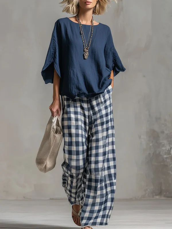 Elegant & Casual Blue Boxy T-Shirt And Plaid Trousers Cotton-Linen Set made by Oyrosy