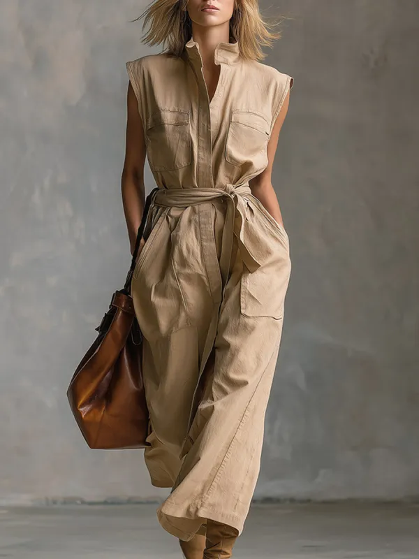 Elegant Urban-chic Khaki Stand-collar Maxi Dress made by Oyrosy