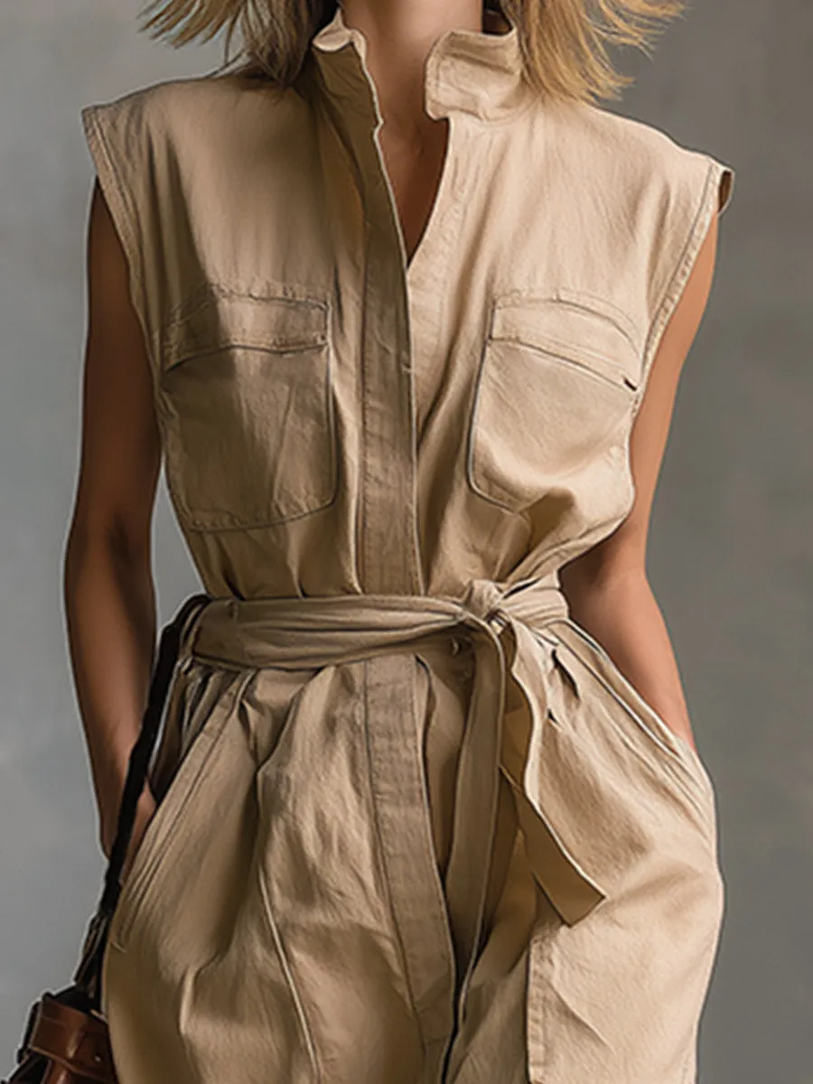Elegant Urban-chic Khaki Stand-collar Maxi Dress sold by Oyrosy product image thumbnail 3