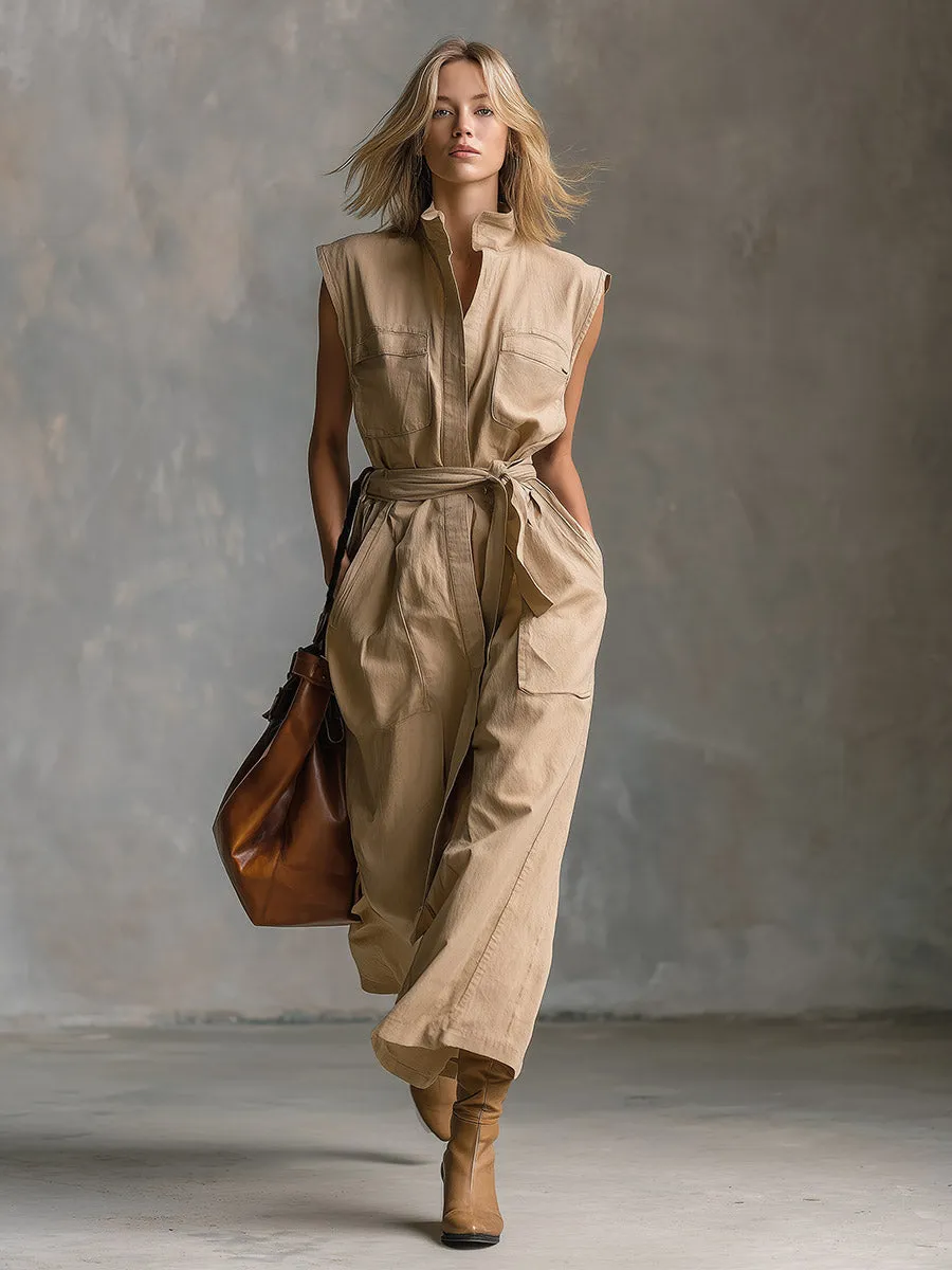 Elegant Urban-chic Khaki Stand-collar Maxi Dress sold by Oyrosy product image thumbnail 2