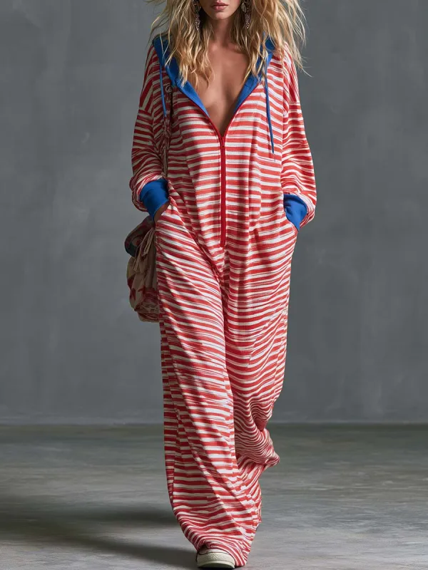 Lazy Athleisure Hooded Front-zip Red Striped Cotton Jumpsuit made by Oyrosy