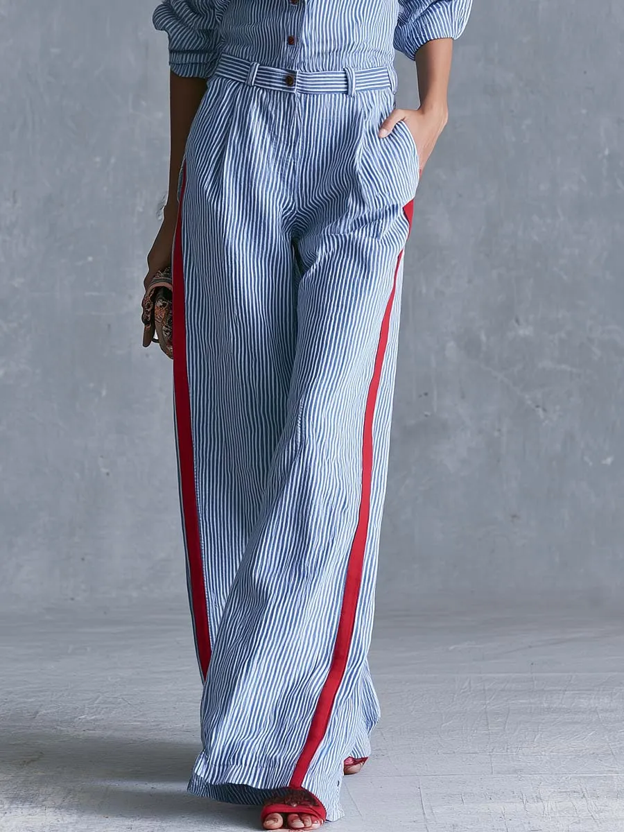 Casual Fashion Lapel Button-front Light Blue Striped Jumpsuit sold by Oyrosy product image thumbnail 4