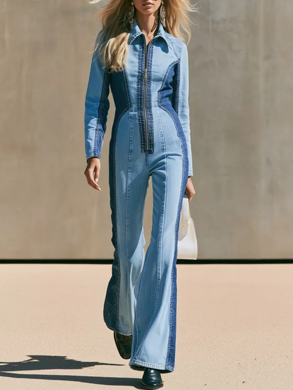 Casual Retro Color-blocked Denim Long-sleeved Zippered Flared Jumpsuit made by Oyrosy
