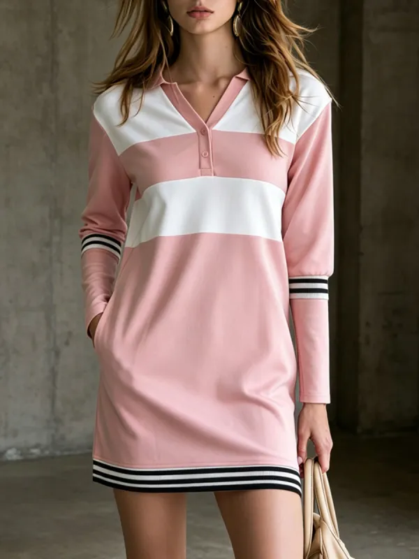 Casual Sporty Retro Striped Ribbed Pink Long-sleeved Mini Dress made by Oyrosy