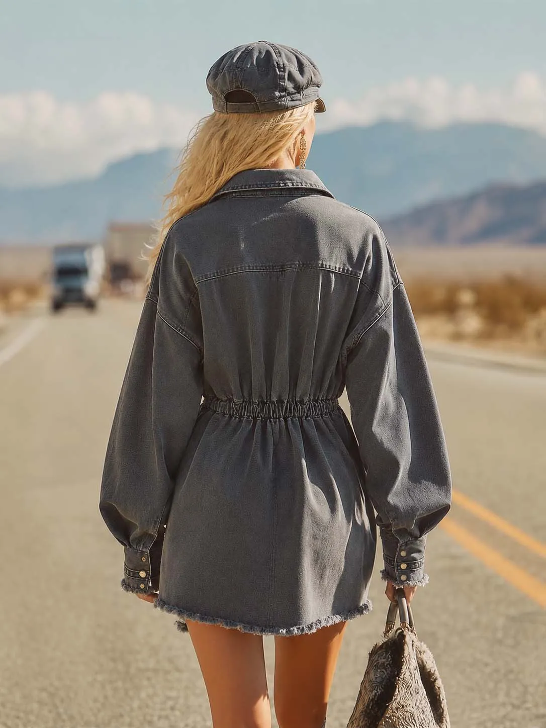 Retro Casual Western Lapel Button-front Gray Washed Denim Mini Dress sold by Oyrosy product image thumbnail 2