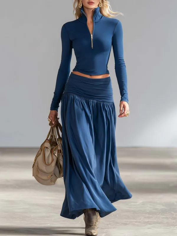 Elegant Sporty Dark Blue Cotton Lapel Zip-front Top And Low-rise Skirt Set made by Oyrosy