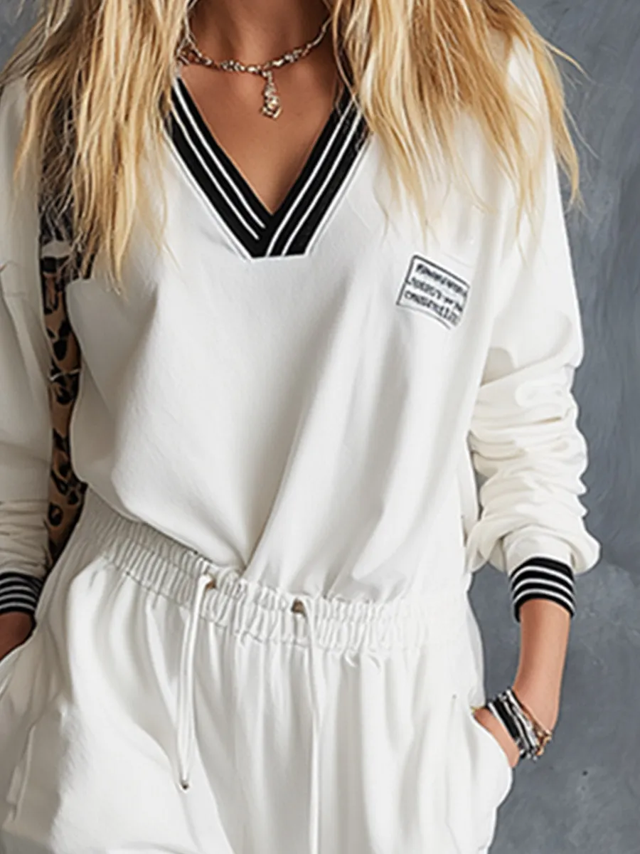 Casual Sportswear Striped Trim White V-Neck Sweatshirt And Sweatpants Set sold by Oyrosy product image thumbnail 3