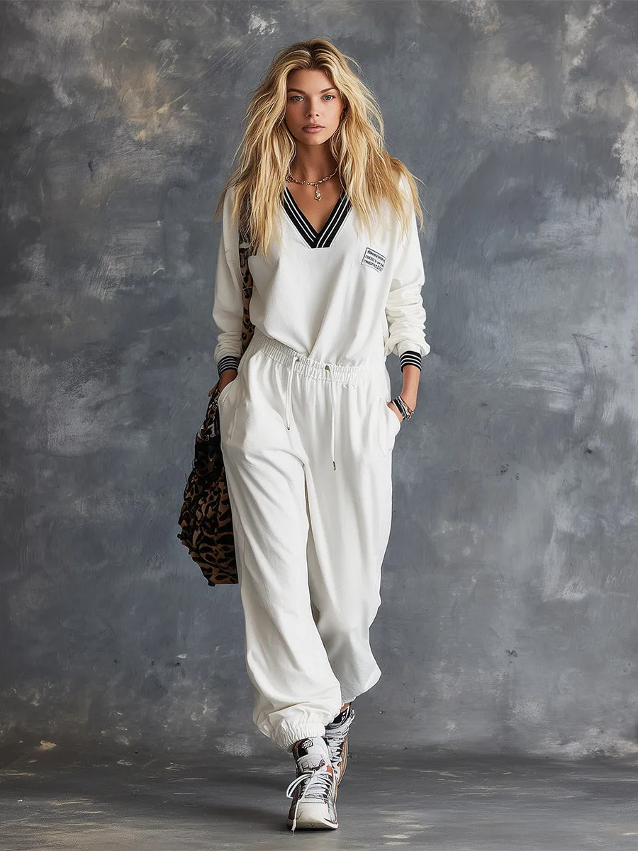 Casual Sportswear Striped Trim White V-Neck Sweatshirt And Sweatpants Set sold by Oyrosy product image thumbnail 2