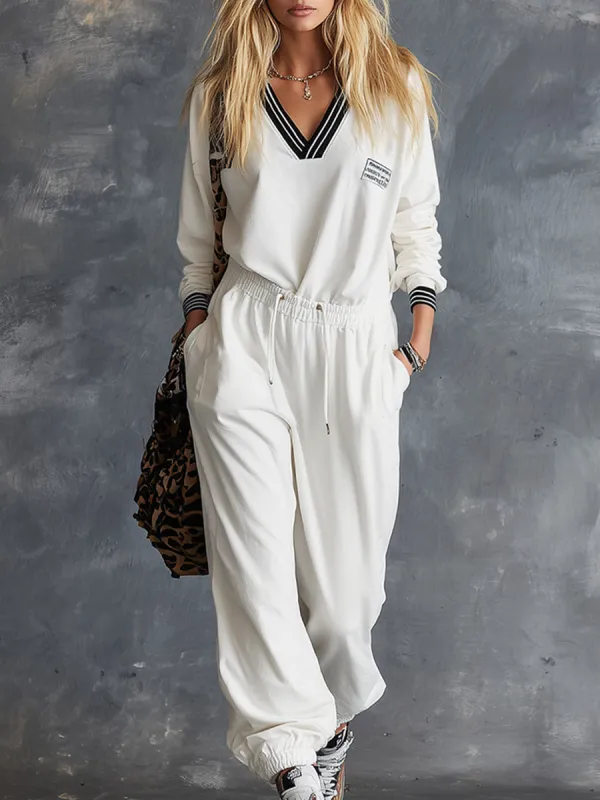 Casual Sportswear Striped Trim White V-Neck Sweatshirt And Sweatpants Set made by Oyrosy