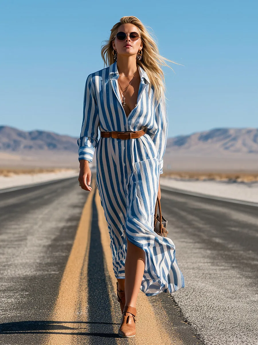 Stylish Western-style Blue Striped Single-breasted Shirt Maxi Dress sold by Oyrosy product image thumbnail 2