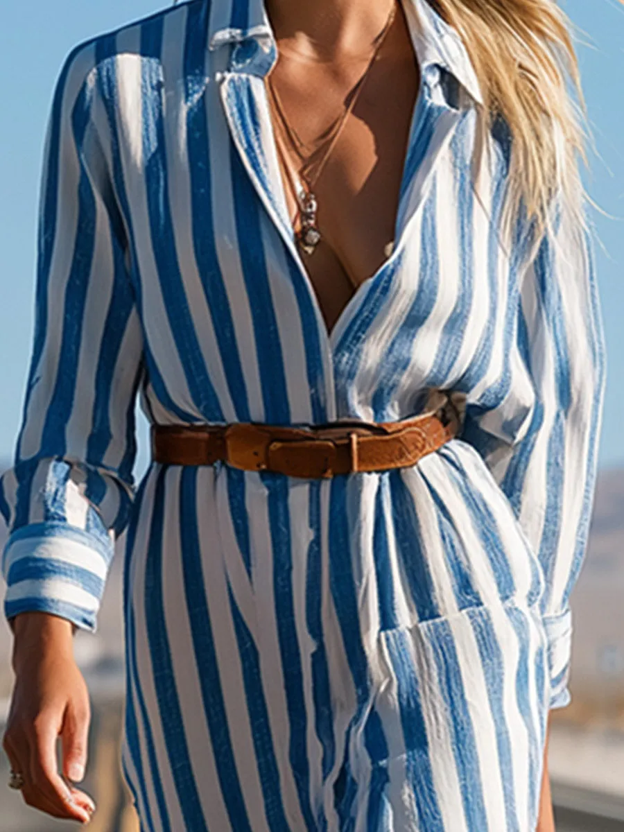 Stylish Western-style Blue Striped Single-breasted Shirt Maxi Dress sold by Oyrosy product image thumbnail 4