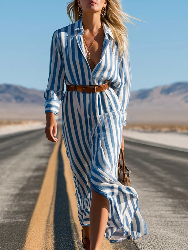 Stylish Western-style Blue Striped Single-breasted Shirt Maxi Dress made by Oyrosy