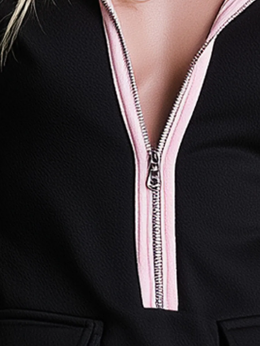 Casual Retro Color-blocked Trim Black Hooded Long-sleeved Zip-up Cotton Mini Dress sold by Oyrosy product image thumbnail 3