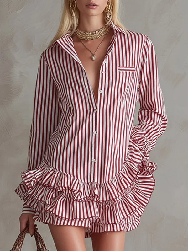 Vintage-style Elegant Red Striped Ruffled Shirt Mini Dress made by Oyrosy