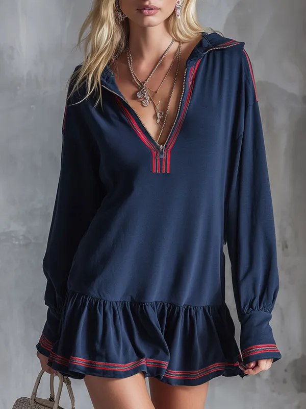 Stylish Sporty Striped Trim Navy Blue Collared Half-zip Cotton Mini Dress made by Oyrosy
