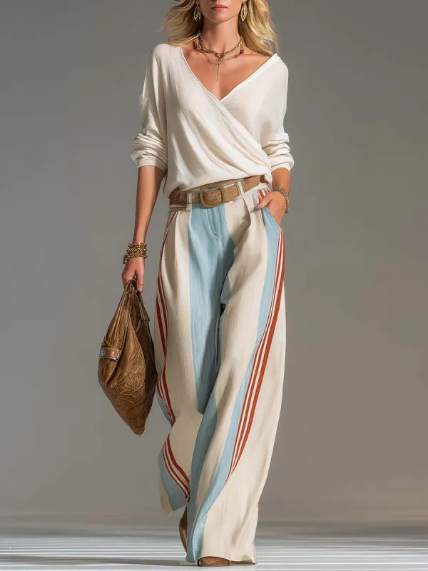 Retro Casual Ivory Surplice V-Neck Top And Blue Red Striped Wide-Leg Cotton-Linen Pants Set made by Oyrosy