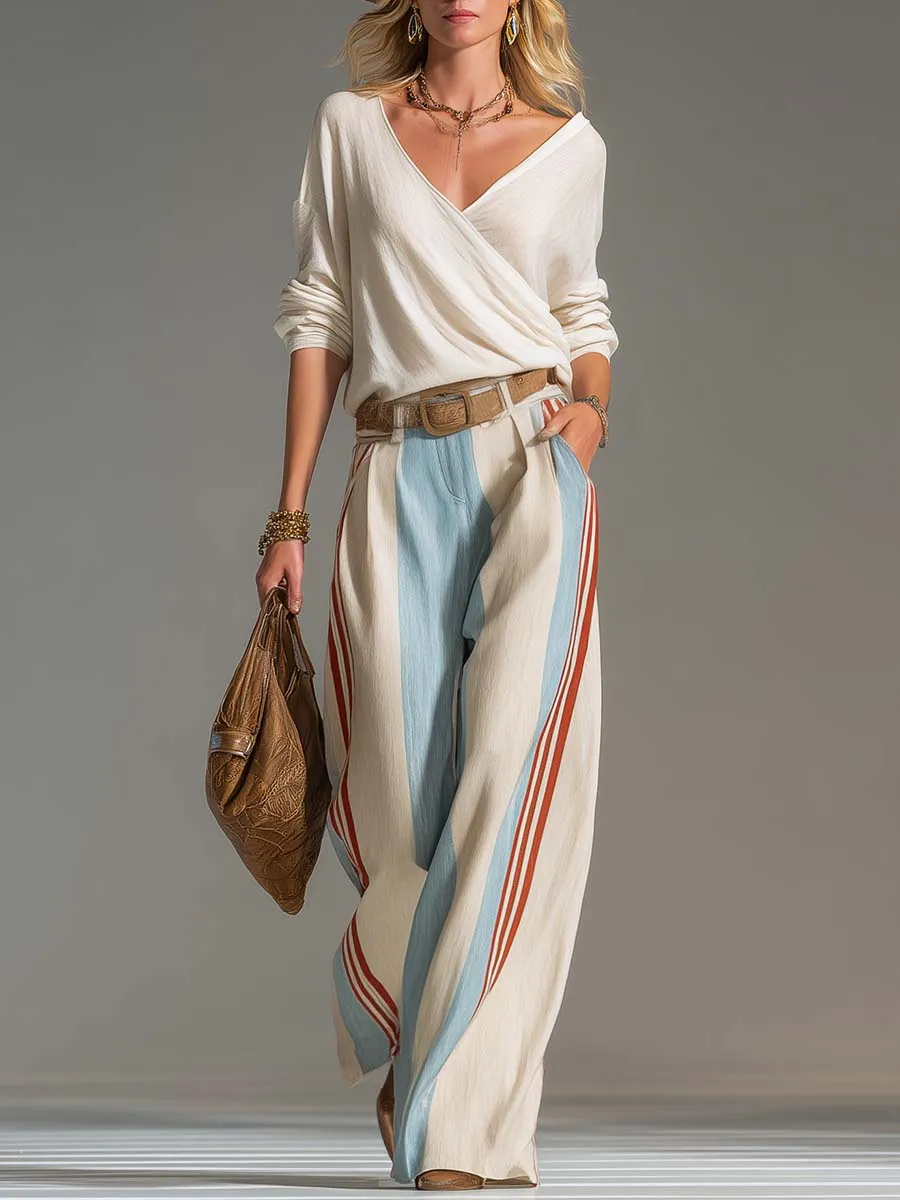 Retro Casual Ivory Surplice V-Neck Top And Blue Red Striped Wide-Leg Cotton-Linen Pants Set sold by Oyrosy