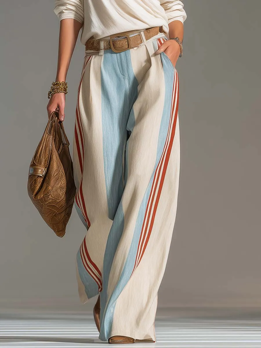 Retro Casual Ivory Surplice V-Neck Top And Blue Red Striped Wide-Leg Cotton-Linen Pants Set sold by Oyrosy product image thumbnail 4