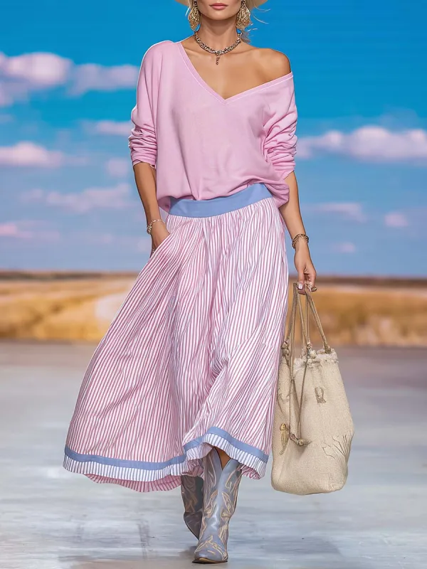 Casual Coastal Pink V-Neck Off-Shoulder Sweatshirt And Striped Midi Skirt Set made by Oyrosy