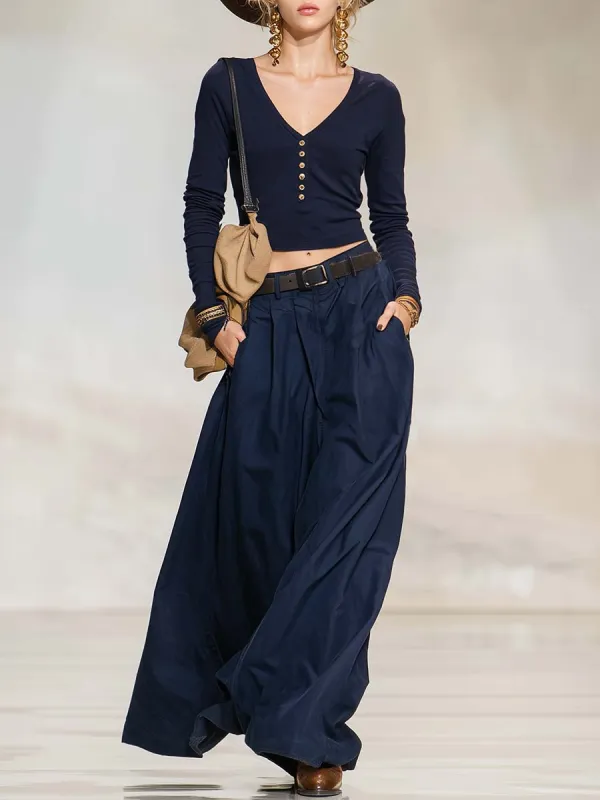 Retro Casual Navy V-Neck Henley Long-Sleeve Tee And Pleated Wide-Leg Cotton Pants Set made by Oyrosy