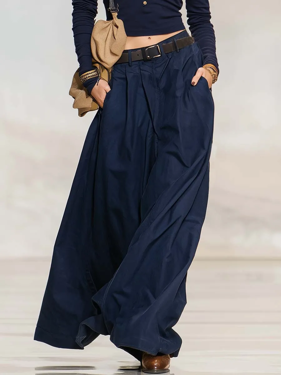 Retro Casual Navy V-Neck Henley Long-Sleeve Tee And Pleated Wide-Leg Cotton Pants Set sold by Oyrosy product image thumbnail 4