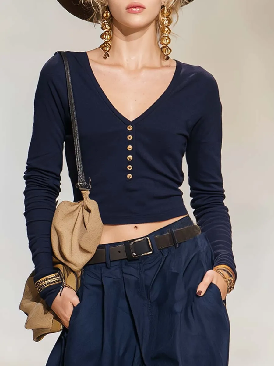 Retro Casual Navy V-Neck Henley Long-Sleeve Tee And Pleated Wide-Leg Cotton Pants Set sold by Oyrosy product image thumbnail 3