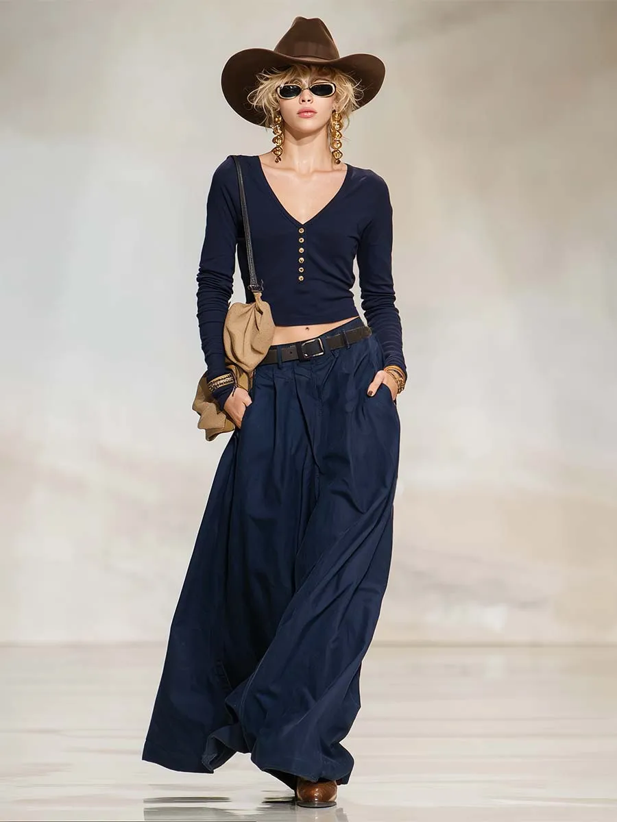 Retro Casual Navy V-Neck Henley Long-Sleeve Tee And Pleated Wide-Leg Cotton Pants Set sold by Oyrosy product image thumbnail 2