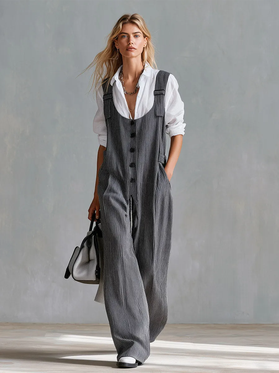 Elegant And Minimalist White Shirt And Grey Striped Suspender Jumpsuit Set sold by Oyrosy product image thumbnail 2