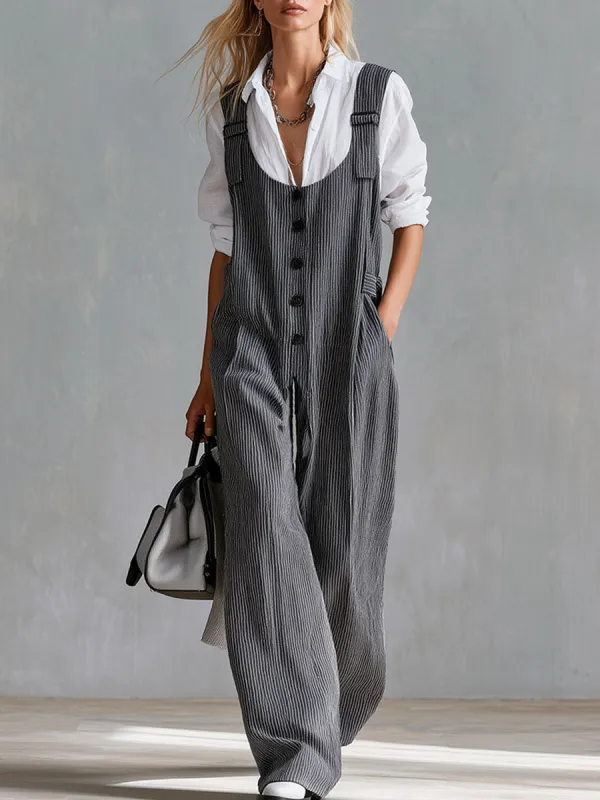 Elegant And Minimalist White Shirt And Grey Striped Suspender Jumpsuit Set made by Oyrosy