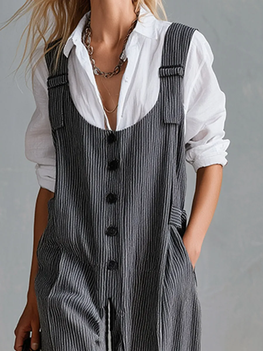 Elegant And Minimalist White Shirt And Grey Striped Suspender Jumpsuit Set sold by Oyrosy product image thumbnail 3